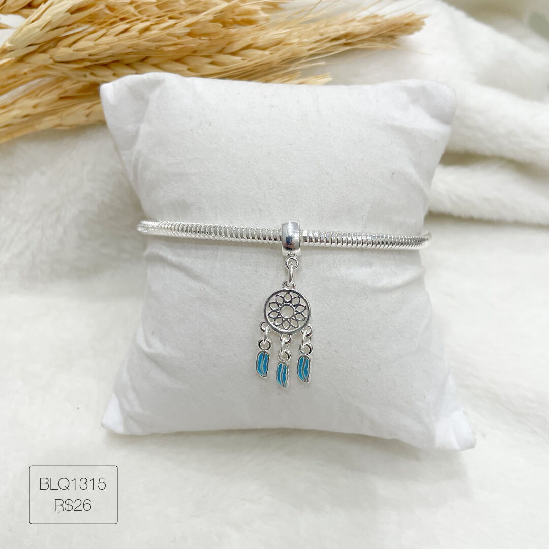 Berloque Filtro dos Sonhos Azul Pendurado Esmaltado Prateado